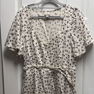 Light Cream Floral Wrap Dress with Navy Print